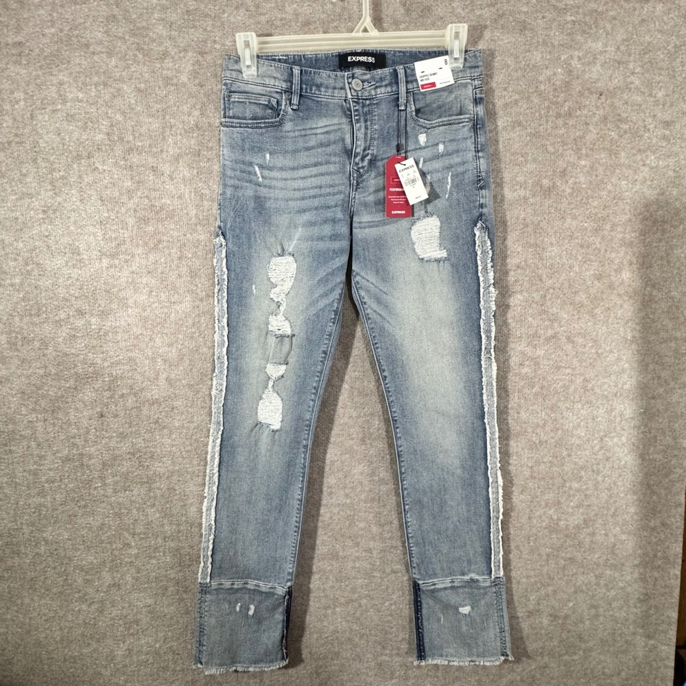 Express Cropped Skinny Jeans Women 8 Distressed Stretch Performance Edgy Fringe